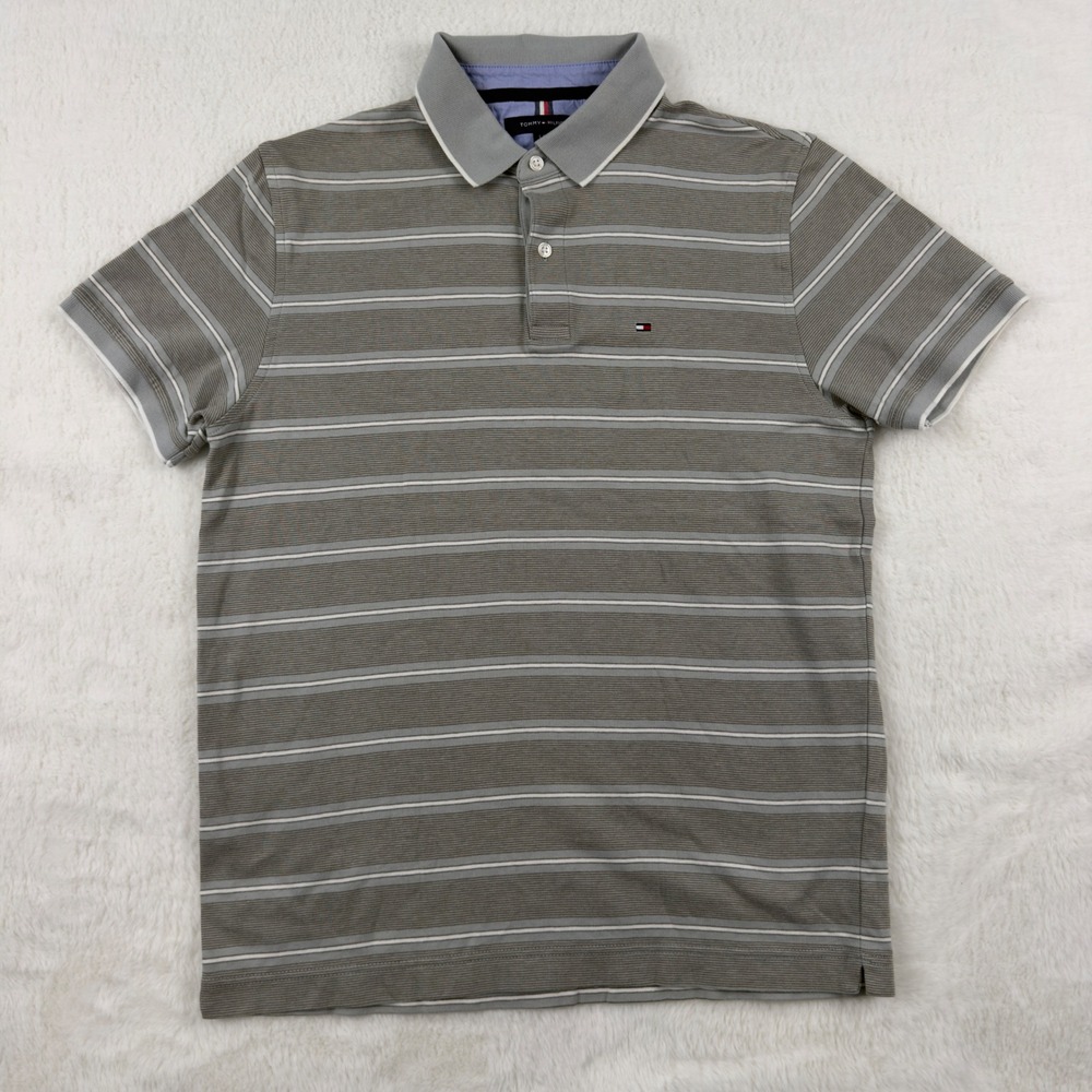 Tommy Hilfiger Mens Slim Fit Striped Polo Shirt Grey White Cotton Large